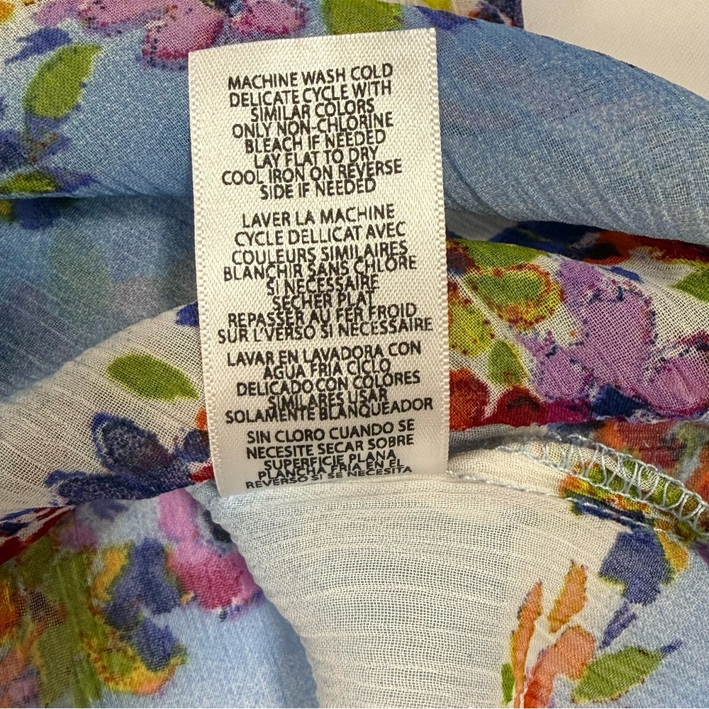 Floral Roll-Tab Kut from the Kloth Blue Chiffon Button Down Blouse Size M Medium - Picture 9 of 9